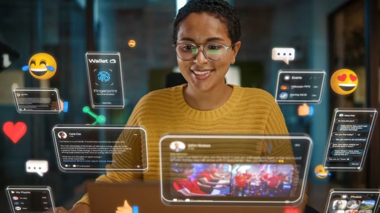 A smiling young Black woman wearing glasses interacting with a futuristic digital interface, surrounded by numerous floating holographic screens displaying social media posts, chats, a digital wallet with fingerprint authentication, and various emojis, representing immersive technology.