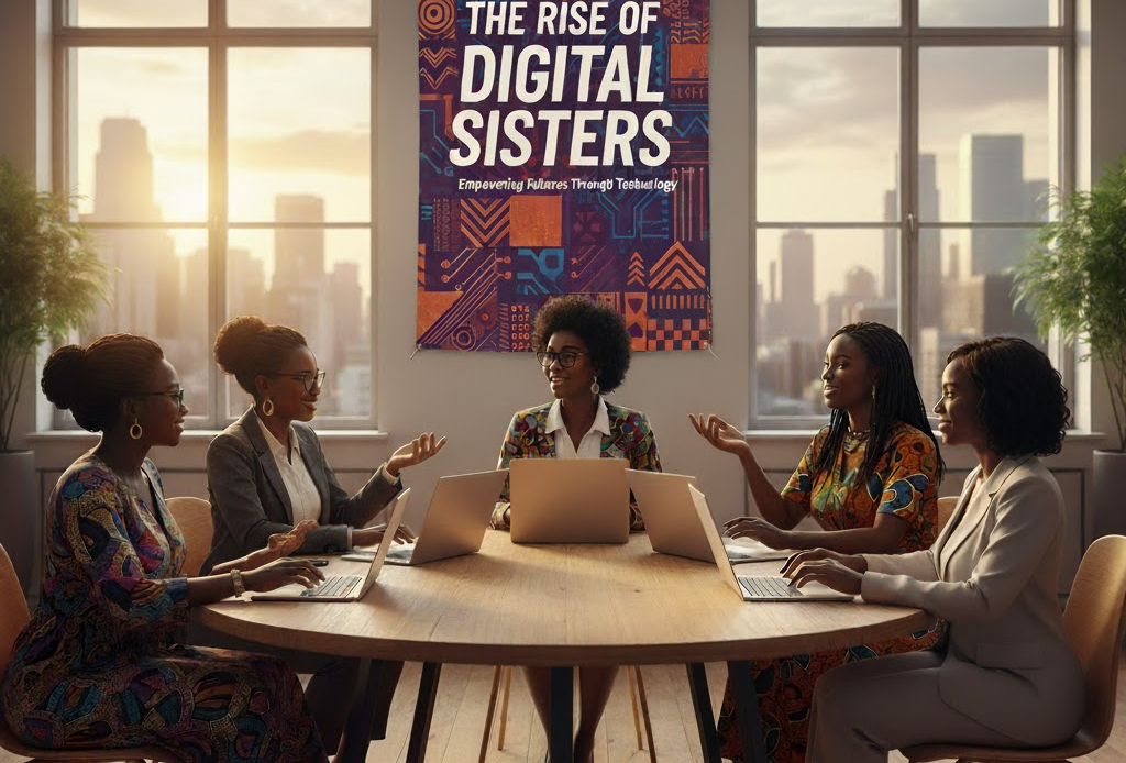 Five African women are seated around a wooden conference table in a modern, sunlit office, actively discussing a topic while their open laptops sit in front of them. Behind them, a large banner on the wall reads, "The Rise of Digital Sisters," set against a colorful, geometric African pattern, symbolizing women’s empowerment, innovation, and leadership in Africa’s tech ecosystem.