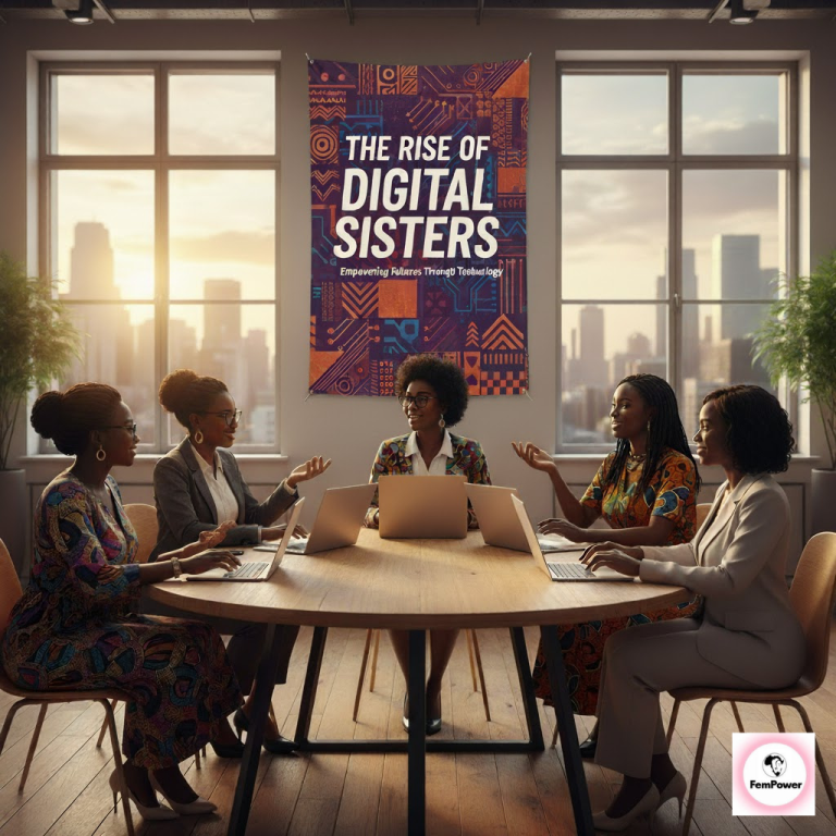 Five African women are seated around a wooden conference table in a modern, sunlit office, actively discussing a topic while their open laptops sit in front of them. Behind them, a large banner on the wall reads, "The Rise of Digital Sisters," set against a colorful, geometric African pattern, symbolizing women’s empowerment, innovation, and leadership in Africa’s tech ecosystem.