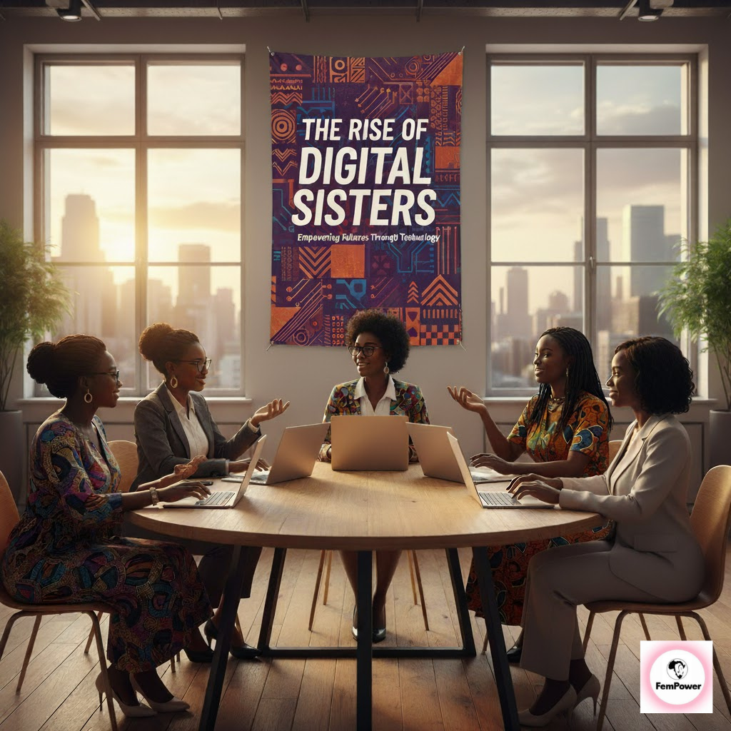 Five African women are seated around a wooden conference table in a modern, sunlit office, actively discussing a topic while their open laptops sit in front of them. Behind them, a large banner on the wall reads, "The Rise of Digital Sisters," set against a colorful, geometric African pattern, symbolizing women’s empowerment, innovation, and leadership in Africa’s tech ecosystem.