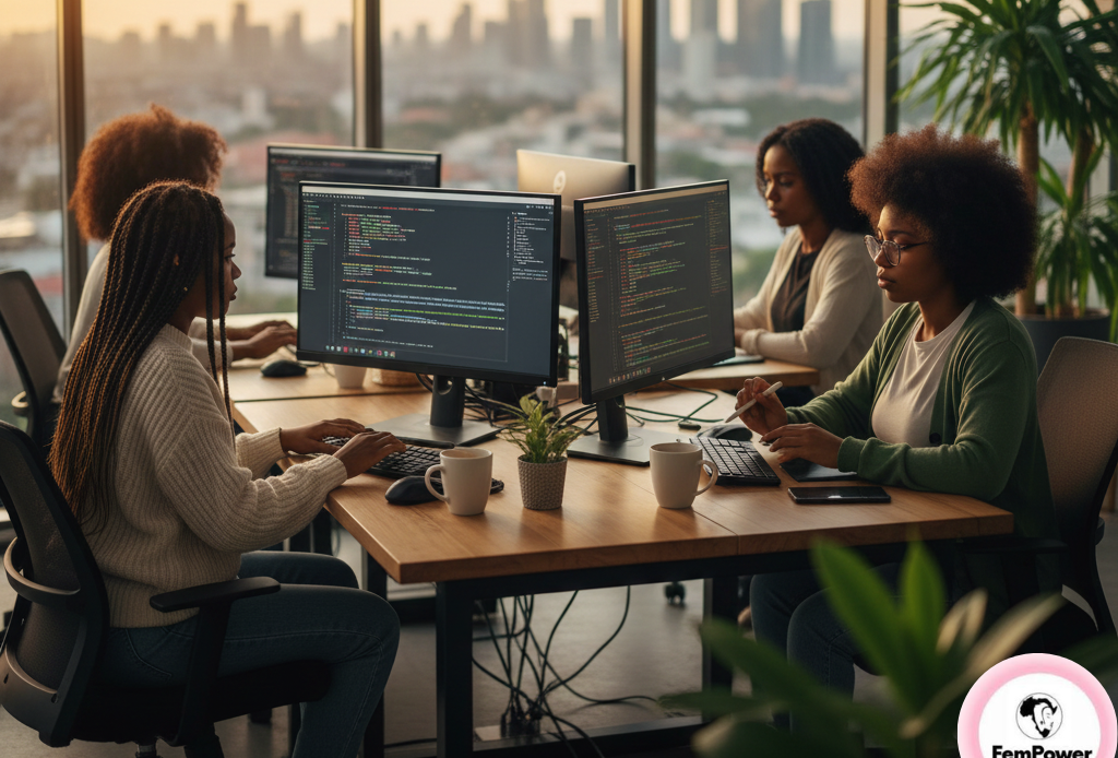 Three African women, dressed professionally, are intensely focused while collaboratively coding on laptops and monitors in a modern, brightly lit office environment, symbolizing diversity and skill in the technology sector.