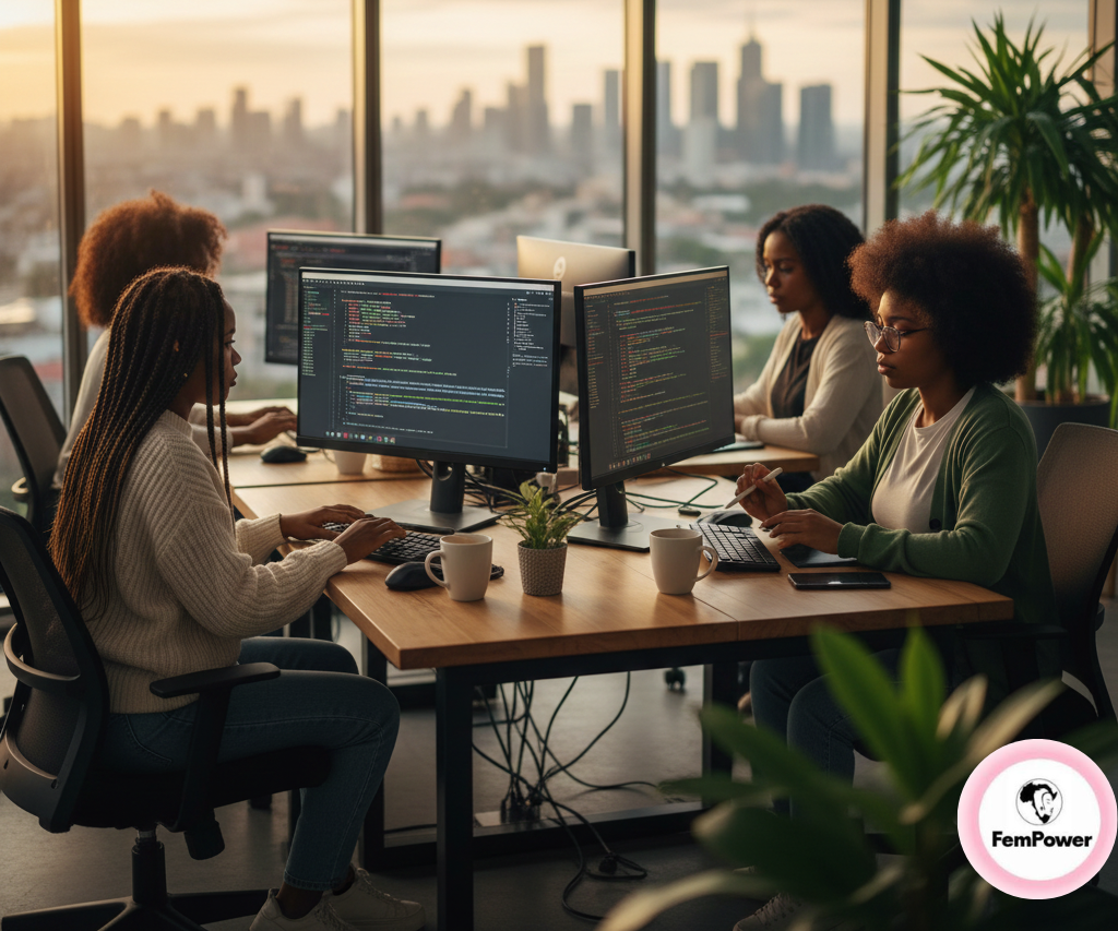 Three African women, dressed professionally, are intensely focused while collaboratively coding on laptops and monitors in a modern, brightly lit office environment, symbolizing diversity and skill in the technology sector.
