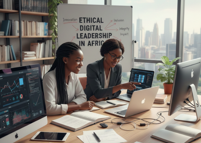 A young African woman and her mentor smile while working together at a desk in a bright, modern office. They are focused on a laptop screen surrounded by notebooks and monitors. In the background, a whiteboard displays the words "Ethical Digital Leadership in Africa," with a city skyline visible through a large window