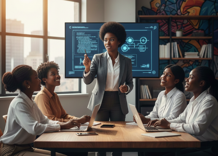 A group of African women in a classroom setting, focused on a mentor who is presenting information on a large monitor or TV screen. The women are engaged in learning about technology, representing mentorship and education in Africa's tech ecosystem.