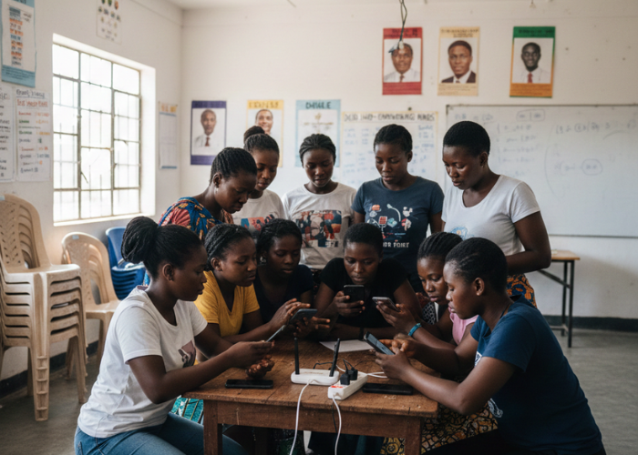 African women and girls gather in a modern classroom, sharing a lone internet hotspot—a focused, documentary-style moment of collective ambition and digital resilience.