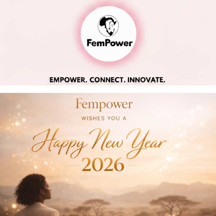New Year 2026 greeting from FemPower. Image features a woman looking over a sunlit savanna with the brand's logo and mission: Empower, Connect, Innovate."