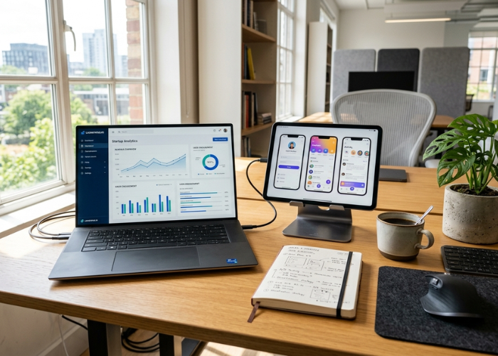 A clean wooden desk with an open laptop showing analytics and graphs, a tablet with app wireframes, and a pair of glasses resting on a notebook.