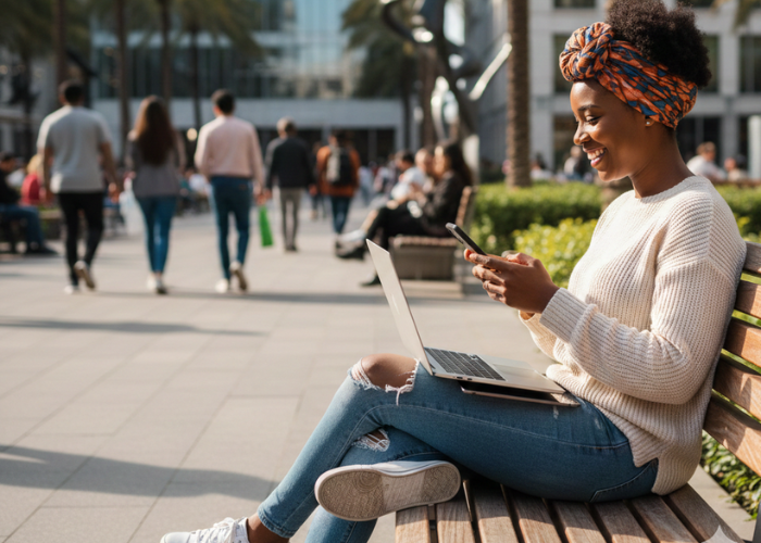 A confident African woman sits on a wooden bench in a sunlit urban plaza, smiling as she balances a laptop on her lap and interacts with her smartphone. Her contemporary casual outfit and focused, joyful expression highlight the theme of empowering women’s voices online through digital inclusion and modern technology.