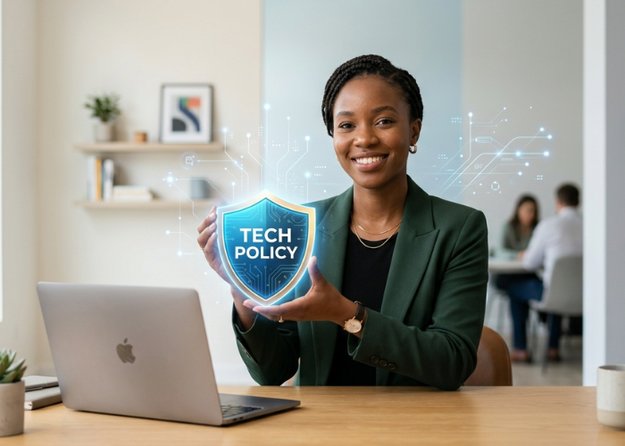 An African woman holding a glowing shield labeled “Tech Policy” with subtle digital network lines around it in a minimalist tech setting.