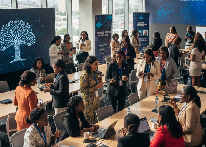 African women in tech networking at a tech event, collaborating and sharing ideas in 2026.