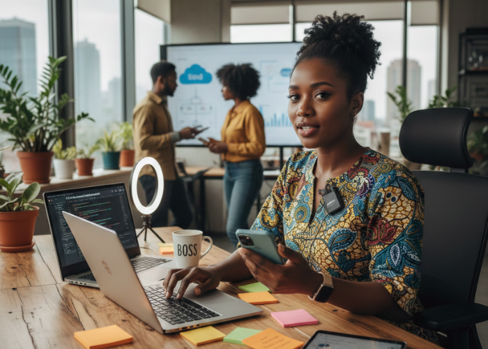 African woman in tech building her personal brand online through content creation and professional engagement
