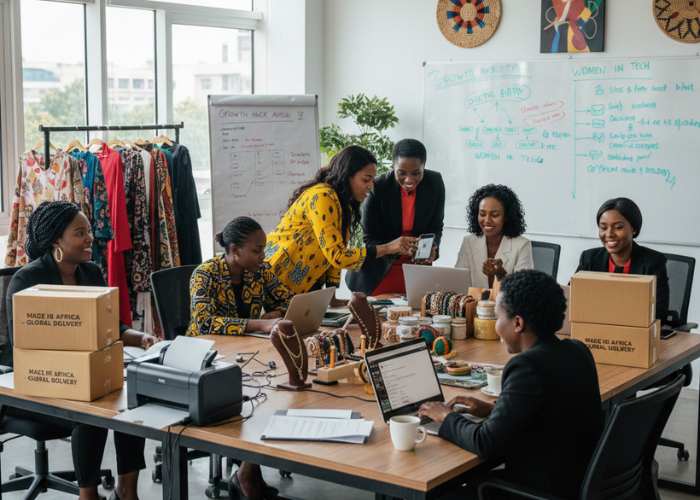 African women entrepreneurs managing online businesses and digital marketplaces with laptops and smartphones