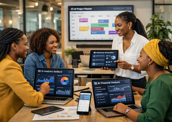 African women entrepreneurs using AI tools in a modern workspace to manage marketing, finances, and operations.