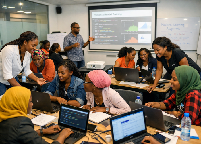 African women participating in a tech bootcamp, learning coding, AI, and automation to prepare for future careers