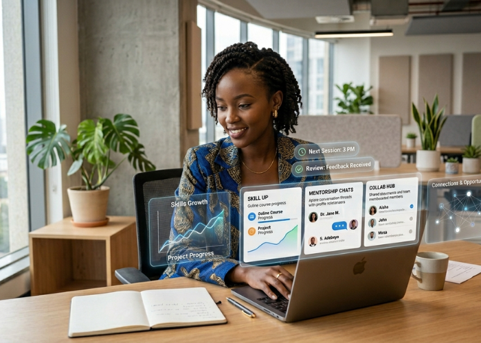A modern African woman using a laptop in a clean workspace, engaging with digital platforms for learning, mentorship, and collaboration in a tech-driven environment.