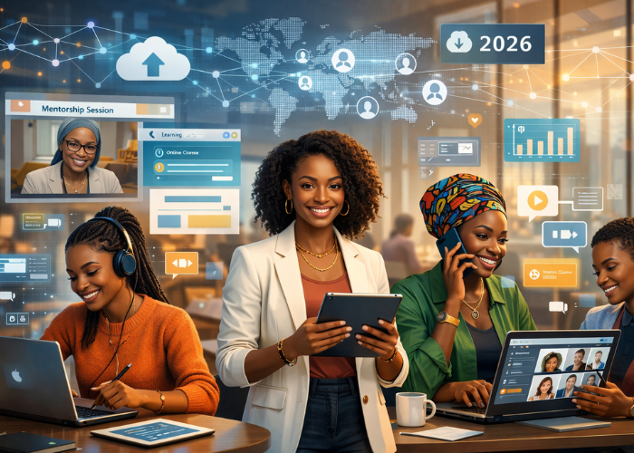 African women engaging with digital platforms in 2026, using laptops and tablets for learning, mentorship, and collaboration in the platform economy.