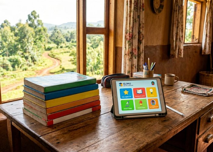 A tablet resting on a simple wooden desk in a rural African home, displaying an online course interface or digital learning icons.