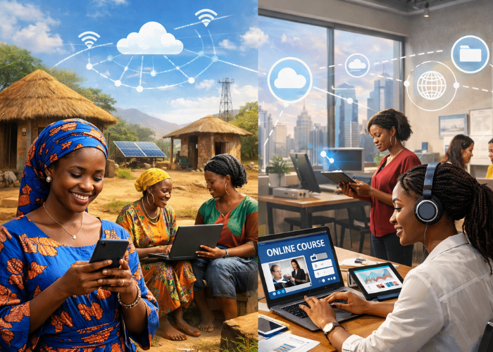 African women in rural and urban settings using digital devices to access online learning, mentorship, and connectivity in 2026