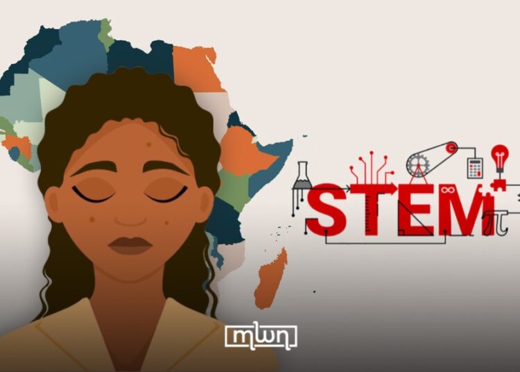 A image shows an illustration of a girl in Africa in STEM