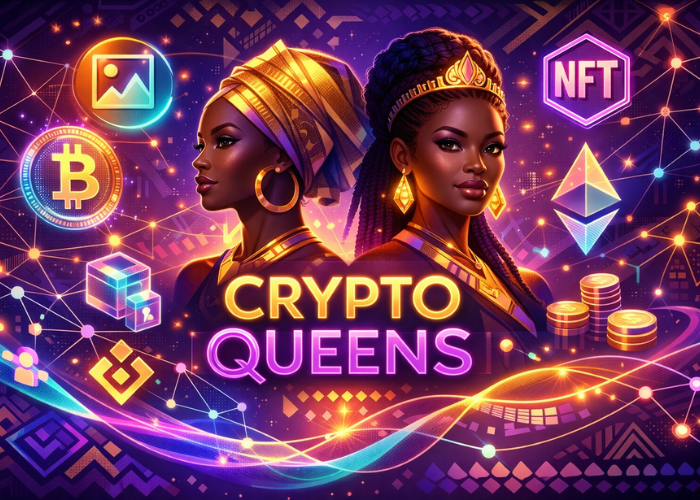 Futuristic digital illustration of 'Crypto Queens' with holographic cryptocurrency symbols, NFTs, and glowing blockchain networks in vibrant purples, golds, and teals.