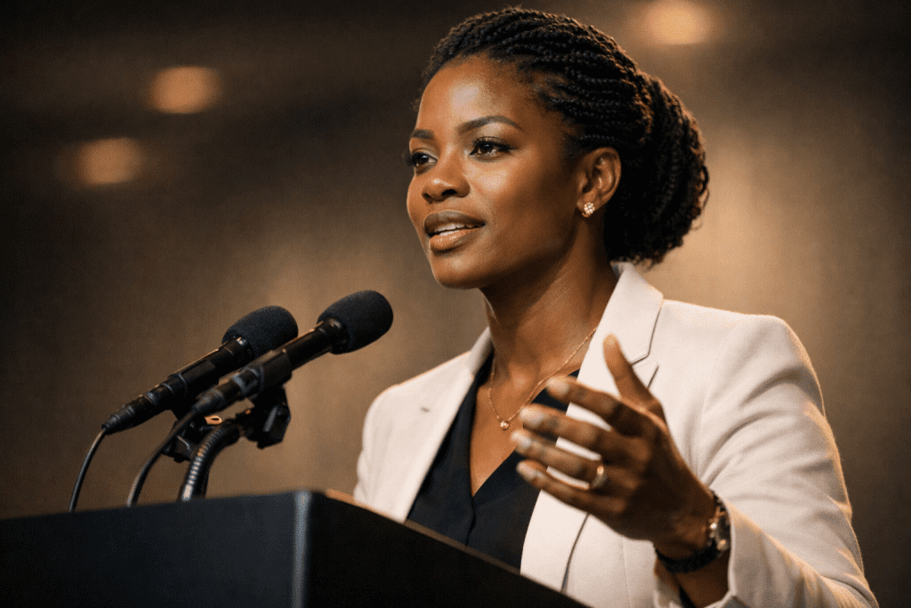 An African woman speaking on a podium
