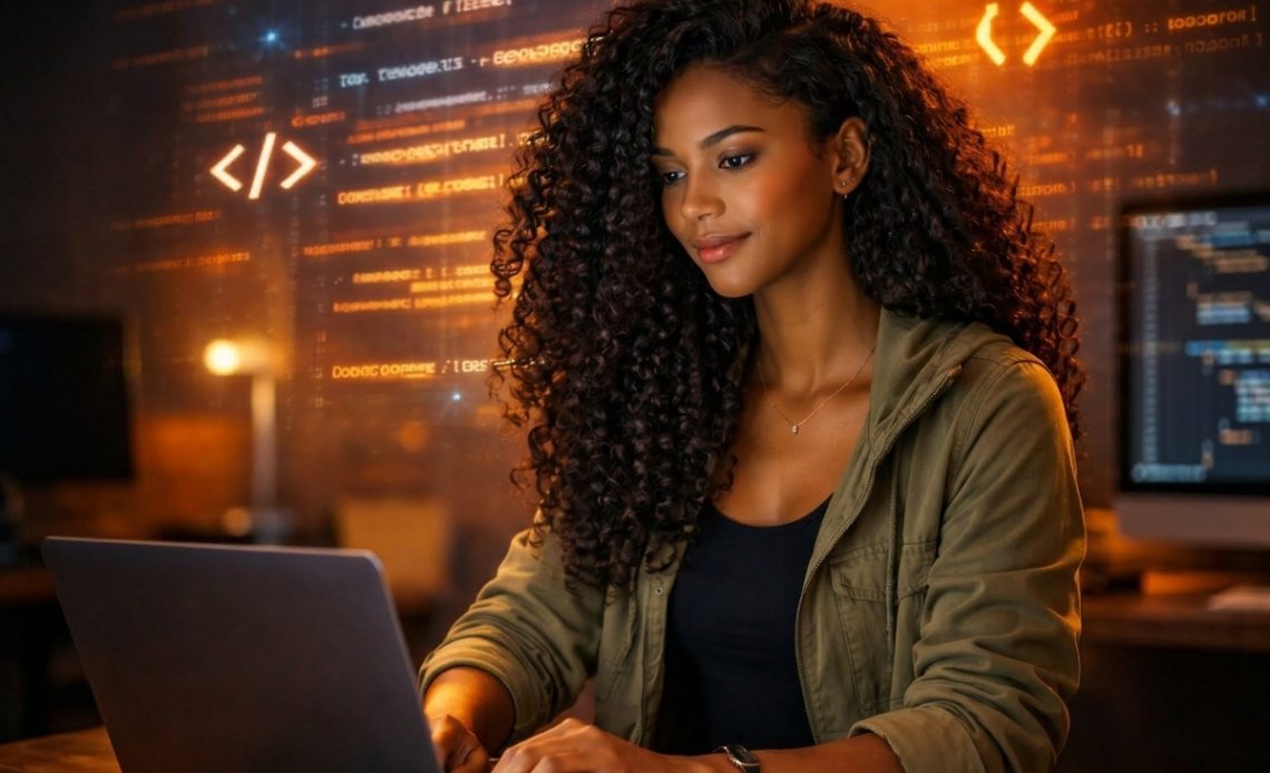 A lady working on code