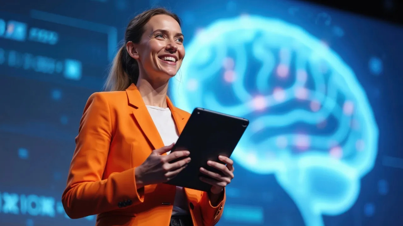 A woman Holding a tablet talking about AI| DotConnectfrica